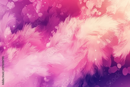 A pink and purple background with a lot of white and pink feathers