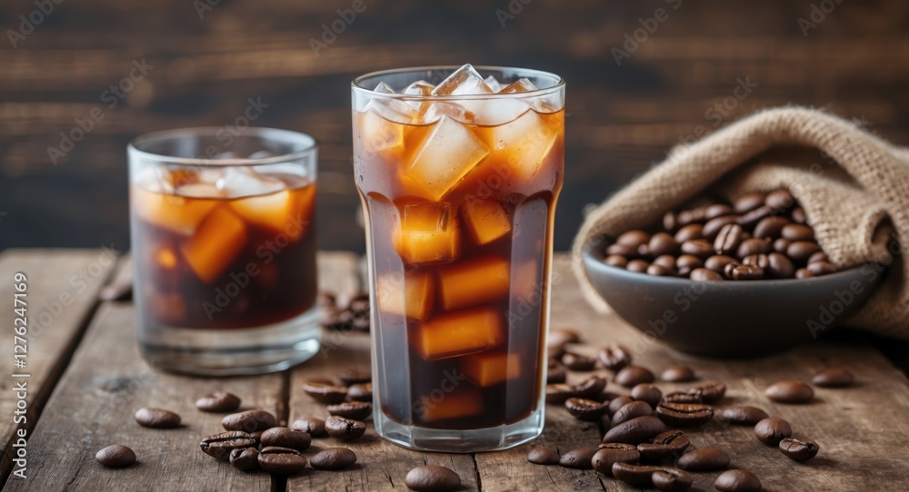 Iced Coffee in Glasses on Rustic Wooden Table Surrounded by Coffee Beans and Empty Space for Your Text or Branding