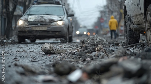 Muddy City Street, Cars Passing, Debris, Urban Scene photo