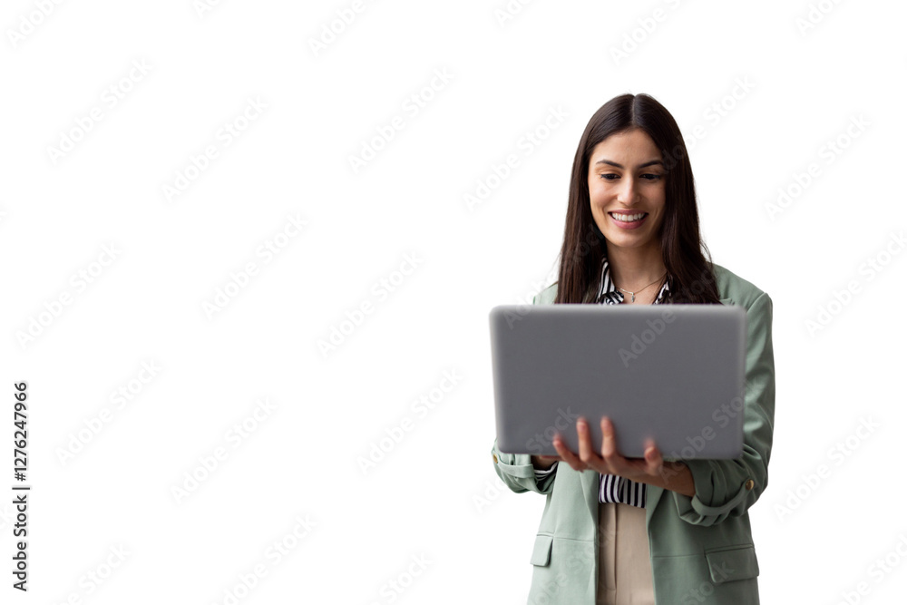 Ambitious Latina business leader working on a laptop while carrying it Ambitious Latina business leader working on a laptop while carrying it
