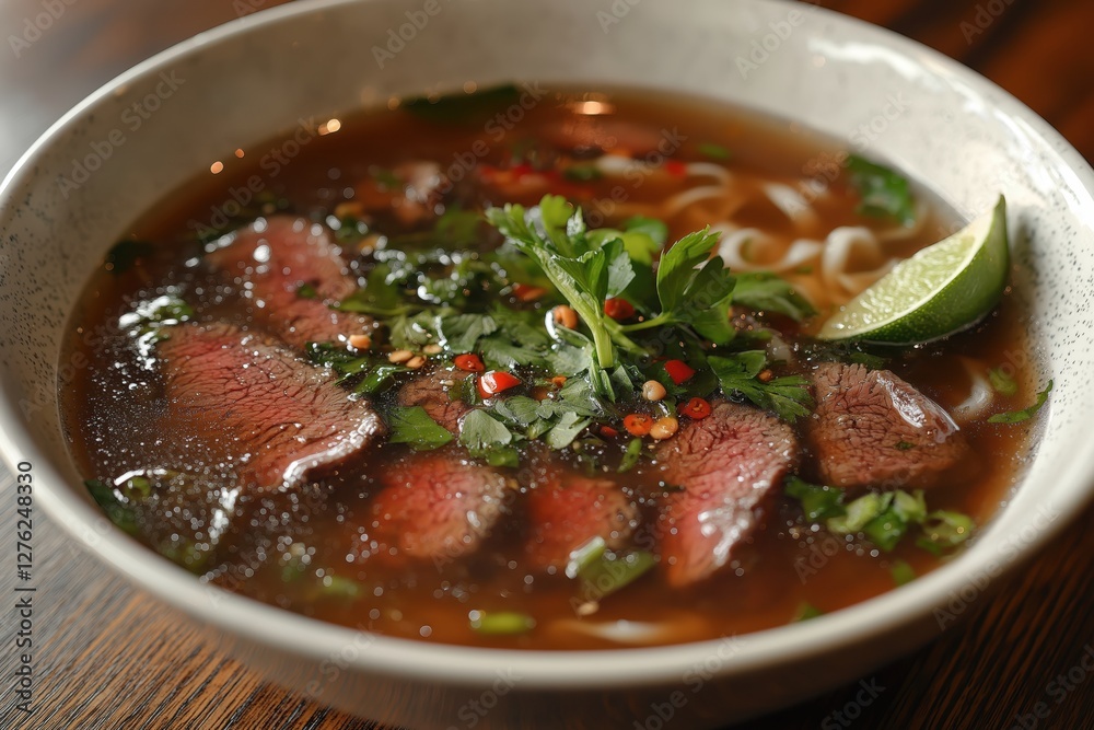 Steaming bowl of pho bo with tender beef, fresh herbs, and rice noodles Steaming bowl of pho bo with tender beef, fresh herbs, and rice noodles