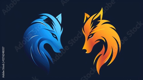 Wallpaper Mural Two stylized wolf heads in blue and orange colors facing each other against a dark background, symbolizing contrast Torontodigital.ca