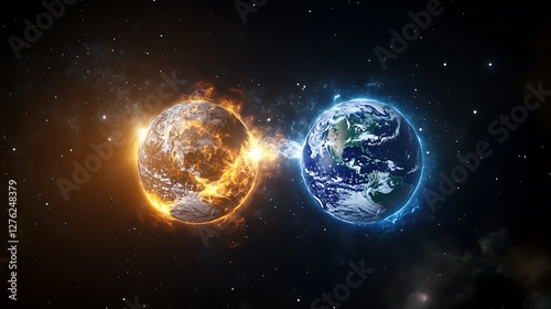 Two Earths, fire and ice, in space. Possible use Astronomy background
