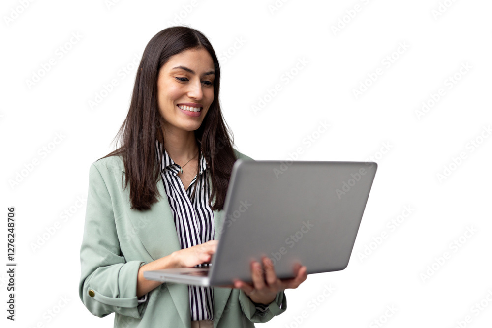 Young Latina CEO using a laptop while standing Young Latina CEO using a laptop while standing