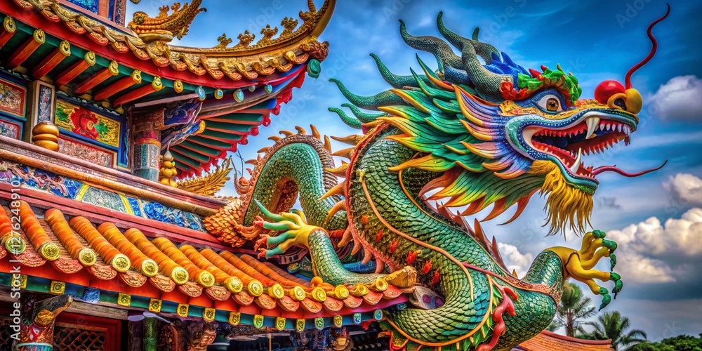 Obraz premium Majestic Chinese Dragon Temple Statue: Asian Cultural Heritage & Mythology