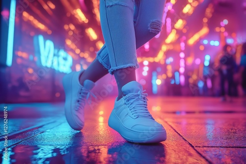 Melbourne Shuffle dancer moves effortlessly, neon lights illuminating rhythmic footwork and energy