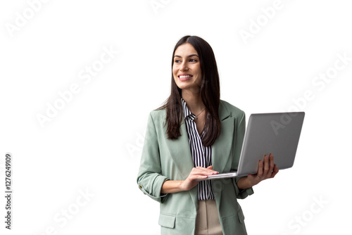 Professional Latina woman balancing a laptop in her hands while working