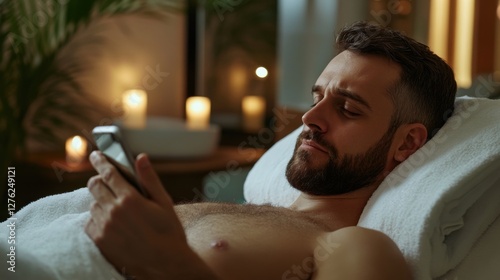 Social media rumors affecting a man at a spa. Featuring concern and unease