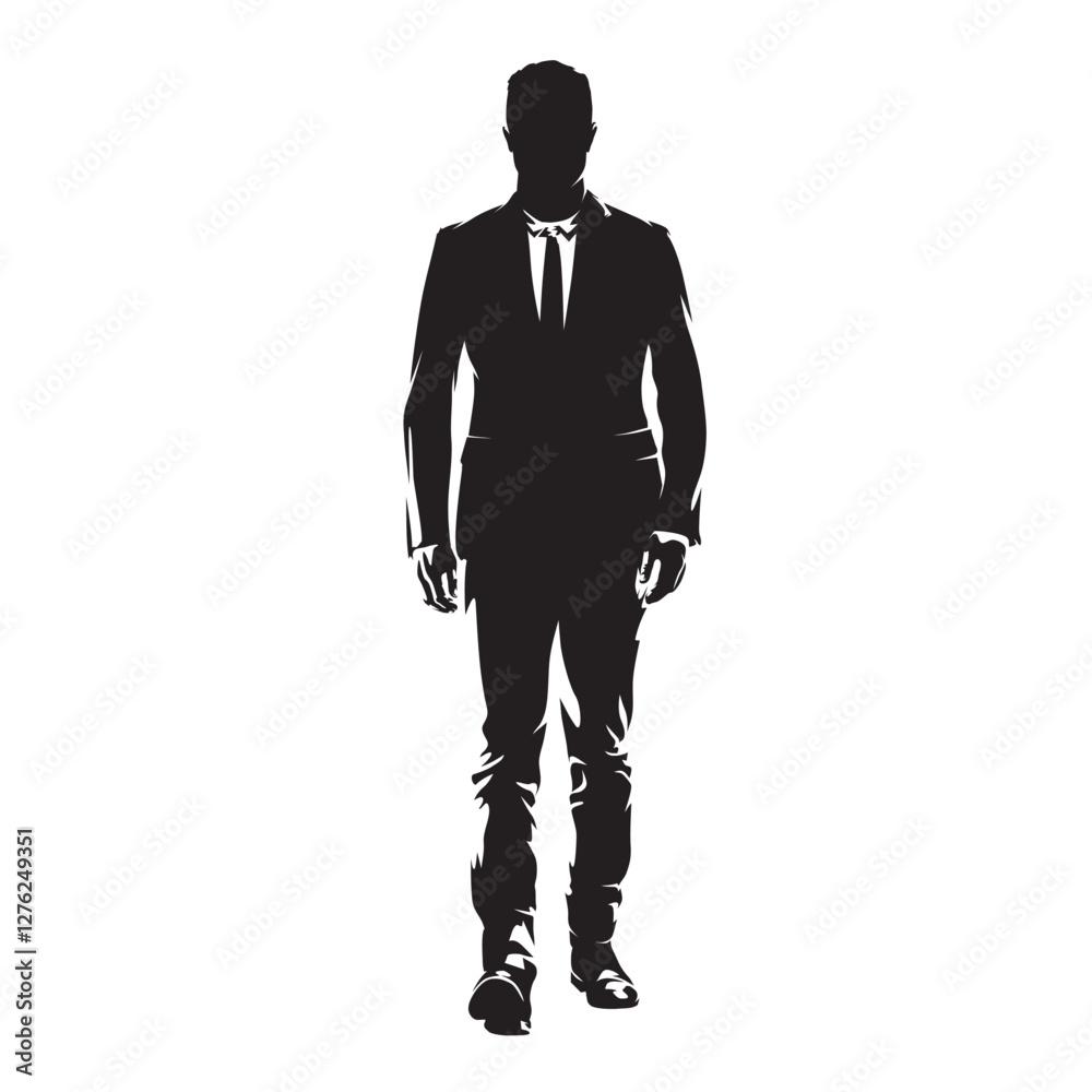Business man walking, high contrast drawing, isolated vector silhouette, businessman in suit, front view Business man walking, high contrast drawing, isolated vector silhouette, businessman in suit, front view