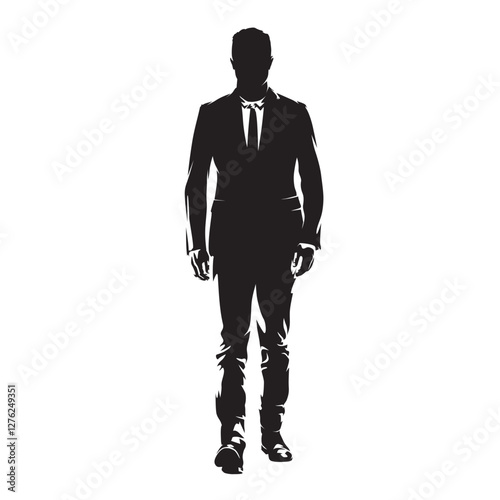 Business man walking, high contrast drawing, isolated vector silhouette, businessman in suit, front view