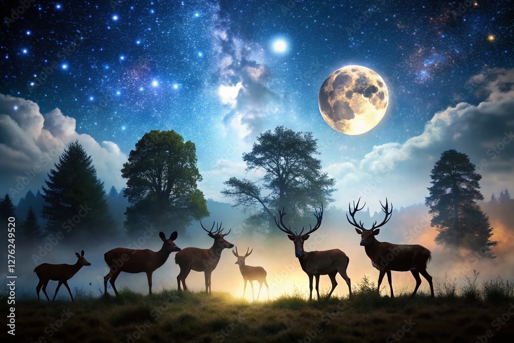 Majestic Deer Herd at Night: Silhouetted Against a Starry Sky Majestic Deer Herd at Night: Silhouetted Against a Starry Sky