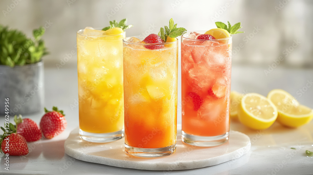Refreshing assorted fruit juices in tall glasses, featuring vibrant colors and garnished with mint leaves and fruits. Perfect for sunny day Refreshing assorted fruit juices in tall glasses, featuring vibrant colors and garnished with mint leaves and fruits. Perfect for sunny day