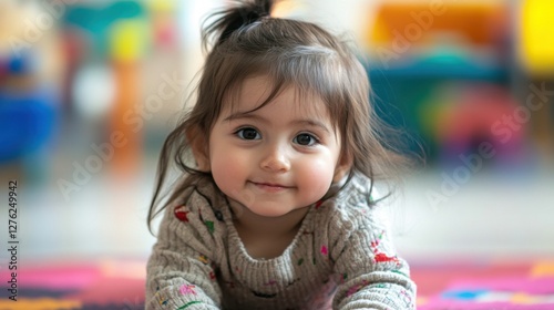 adorable toddler girl playing on colorful mat