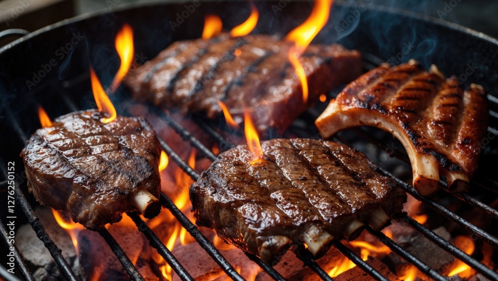 Grilled Beef and Pork Steaks with Smoky Flames on a Charcoal Barbecue Grill Perfect for Summer Cookouts Grilled Beef and Pork Steaks with Smoky Flames on a Charcoal Barbecue Grill Perfect for Summer Cookouts