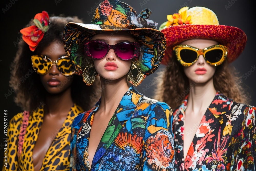 Fototapeta premium Fashion models showcasing vibrant summer outfits on runway