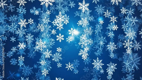 Video. Snowflakes falling on a blue background. AI generative. In the video, white snowflakes are falling on a blue background. Background for advertising.