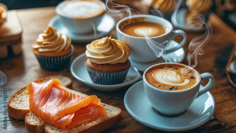 Coffee Selection with Muffin Cupcake and Smoked Salmon on Toast in Cozy Café Setting with Space for Text Input Coffee Selection with Muffin Cupcake and Smoked Salmon on Toast in Cozy Café Setting with Space for Text Input