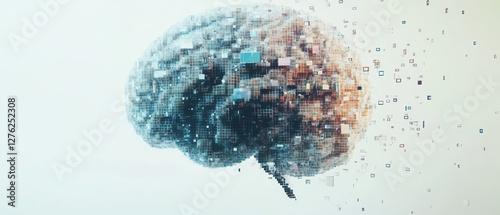 Abstract digital brain made of pixelated shapes, pastel colors and white background and distortion of shapes symbolizing brain disease