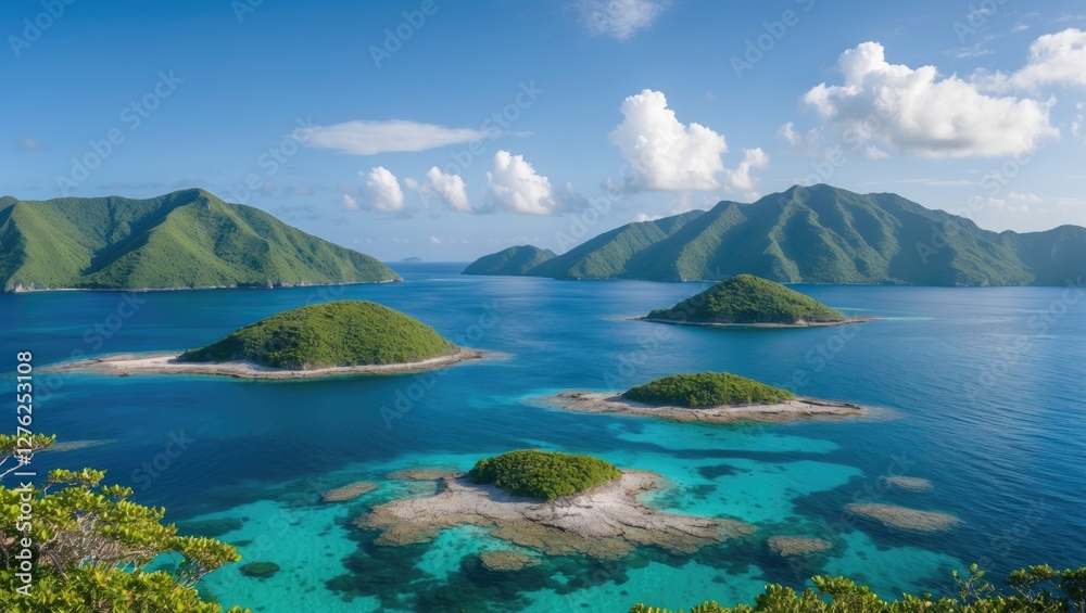 Stunning Aerial View of Vibrant Islands in Crystal Clear Waters of National Marine Park with Space for Text Overlay Stunning Aerial View of Vibrant Islands in Crystal Clear Waters of National Marine Park with Space for Text Overlay