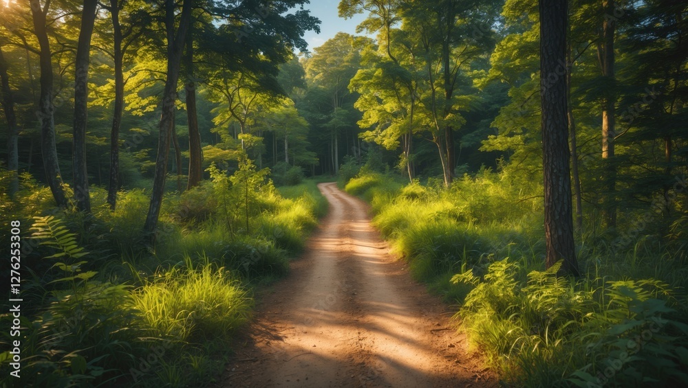 Fototapeta premium Serene Forest Walking Trail Surrounded By Lush Greenery Inviting Morning Walks In A Natural Landscape Setting Amidst Sunlit Trees.