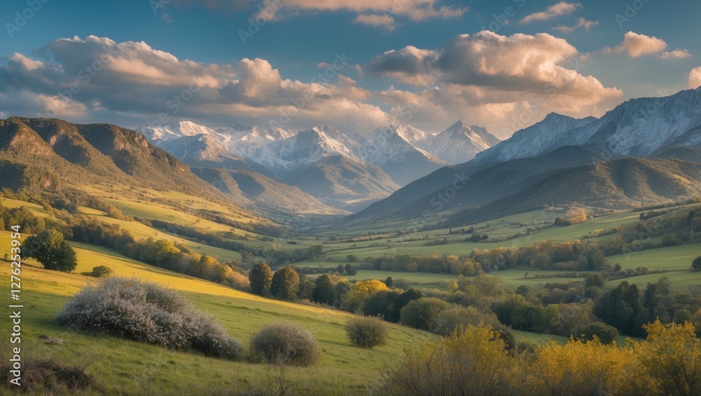 Naklejka premium Majestic mountain landscape with lush valleys and vibrant autumn foliage under a dramatic sky showcasing natural beauty and tranquility.