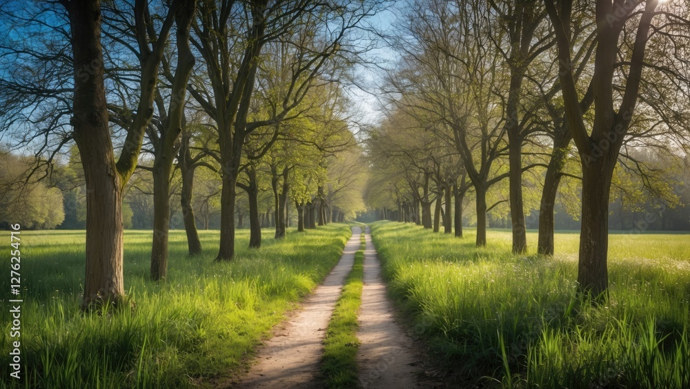 Serene Pathway Through Leafy Trees Leading To A Lush Meadow Under Bright Sunny Skies Serene Pathway Through Leafy Trees Leading To A Lush Meadow Under Bright Sunny Skies