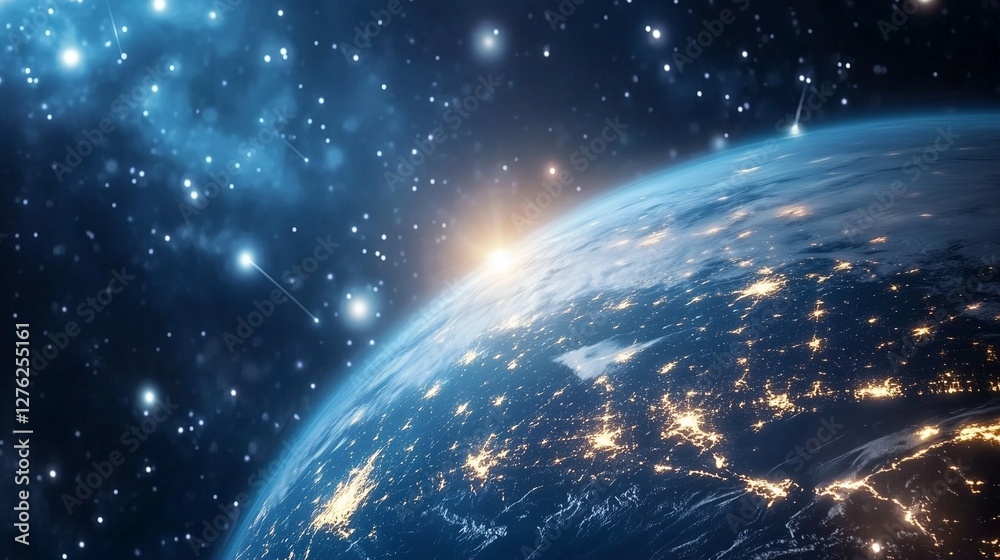 Obraz premium Earth stars and light. A globe with a panoramic view of earth in space. A city with a city with lights and clouds. Planet earth adorned with stars lifestyle and illumination.