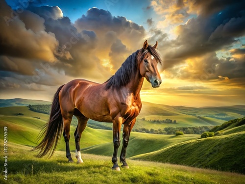 Majestic Stallion in Rolling Hills: Stunning Landscape Horse Photography for Professional Use