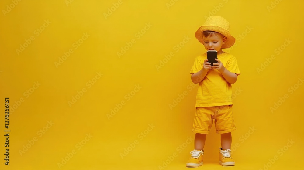 cute toddler boy in yellow outfit using smartphone cute toddler boy in yellow outfit using smartphone