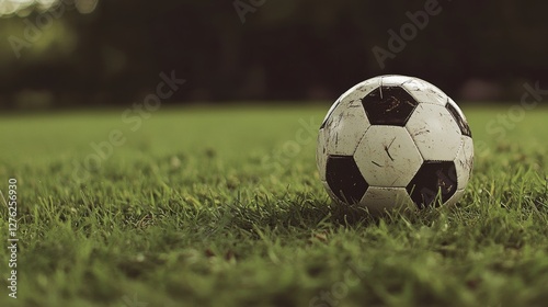 Soccer ball on grass lawn. Outdoor activity.
