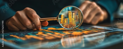 Closeup shot of magnifying glass on financial chart with a growing graph of buildings