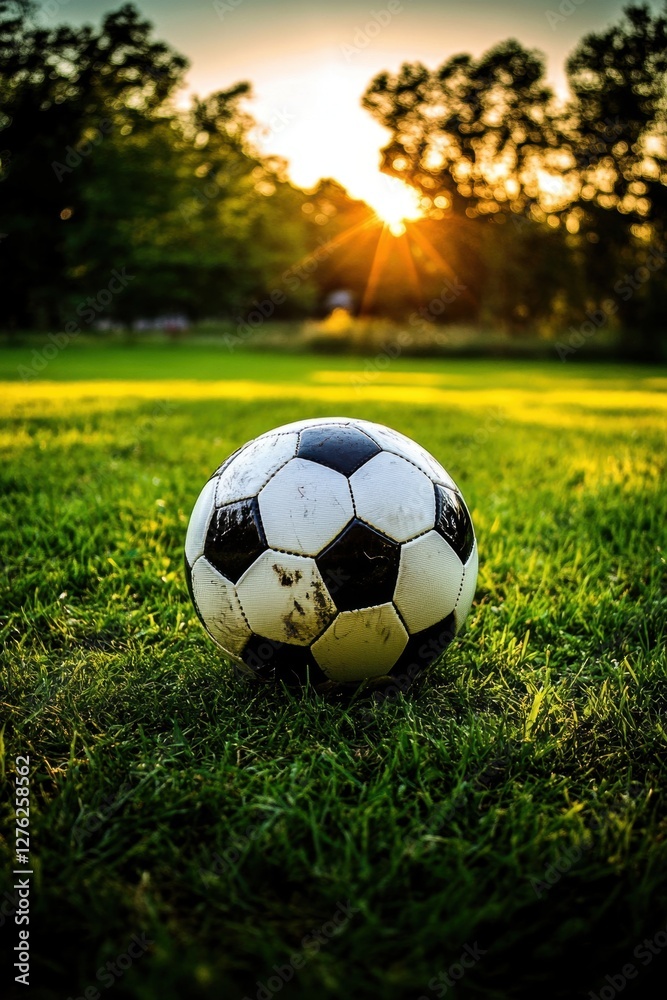 Fototapeta premium Soccer ball on grass lawn. Outdoor activity.