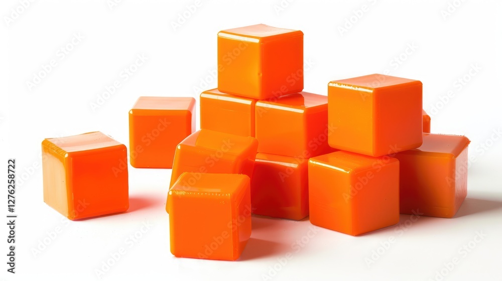 A vibrant arrangement of orange building blocks scattered on a white surface, ideal for children's play and creativity A vibrant arrangement of orange building blocks scattered on a white surface, ideal for children's play and creativity