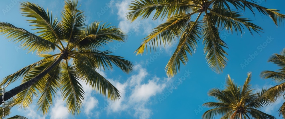 Tropical Palm Leaves Against Clear Blue Sky Creating a Relaxing Scenic Background Tropical Palm Leaves Against Clear Blue Sky Creating a Relaxing Scenic Background