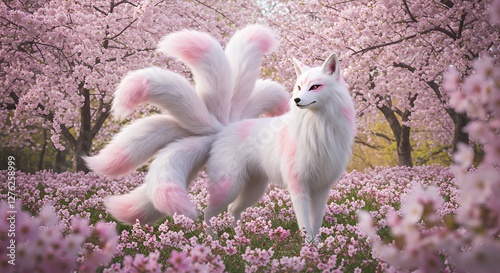 Nine-tailed Fox Standing in a Field of Cherry Blossoms Springtime Scene