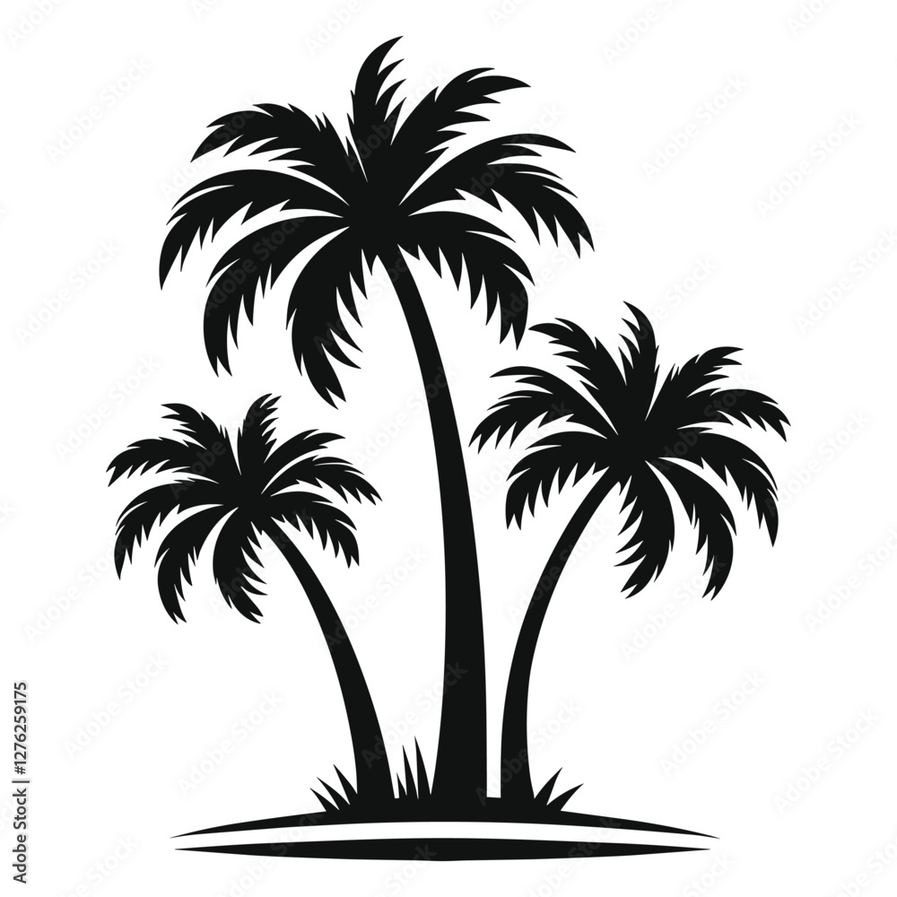 Vector black silhouette of three palm trees on a white background, a simple flat illustration