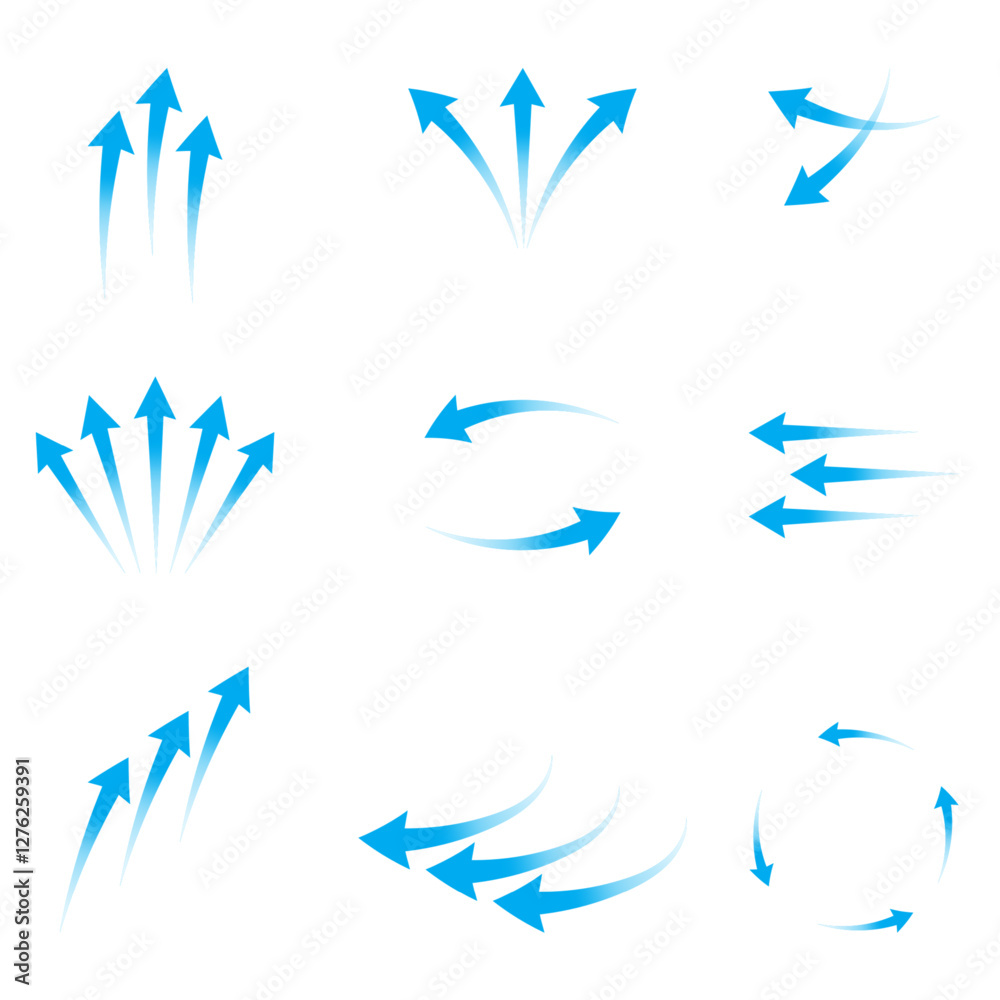 Fototapeta premium Air flow. Set of blue arrows showing direction of air movement. Wind direction arrows. Blue cold fresh stream from the conditioner.