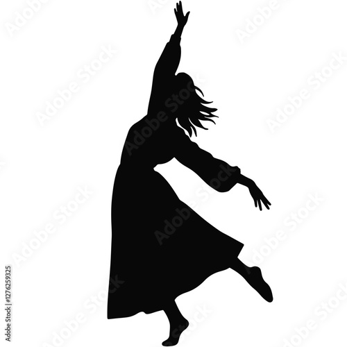 Joyful dancer in motion against white background, expression of artistry