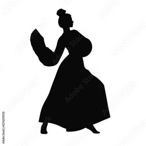 Elegant Korean fan dancer in motion, artistic silhouette