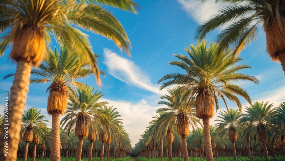 Tropical Date Palm Plantation Pathway Under Blue Sky with Lush Greenery and Copy Space for Agricultural Themes Tropical Date Palm Plantation Pathway Under Blue Sky with Lush Greenery and Copy Space for Agricultural Themes