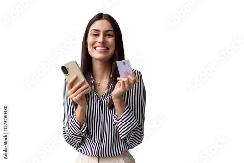 Stylish Latina woman entering payment details on her smartphone