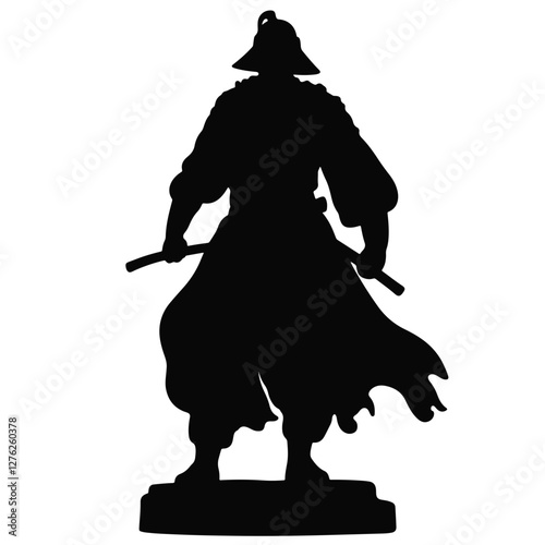 Silhouette of a samurai warrior statue, black and white art, symbolism