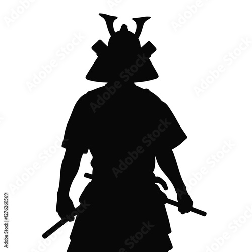 Samurai silhouette facing viewer, black and white, historical symbolism