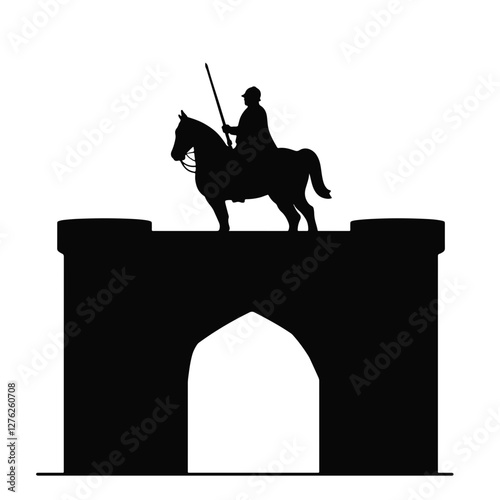 Knight silhouette atop bridge with horse, military symbolism