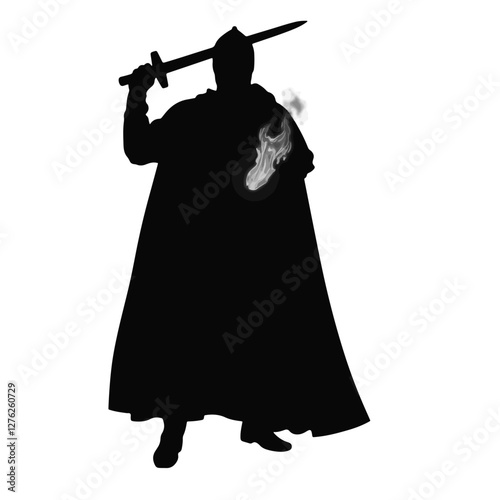 Knight holding flaming sword in silhouette, strength and valor