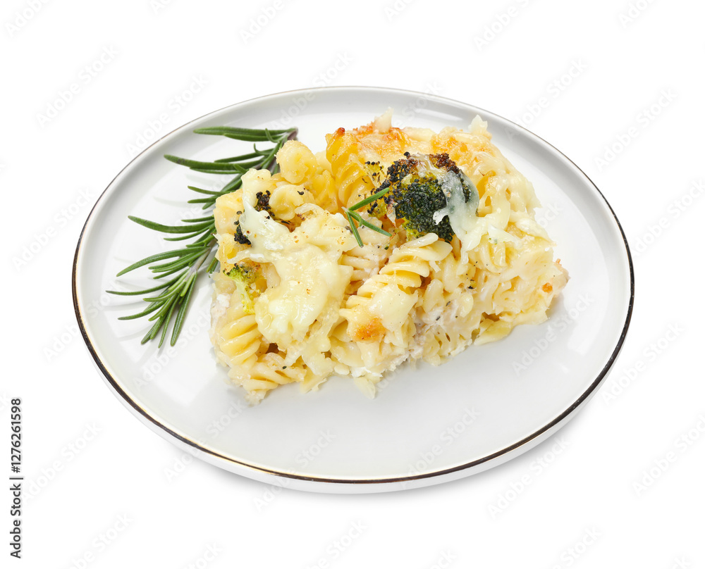 Tasty pasta casserole with cheese and broccoli isolated on white Tasty pasta casserole with cheese and broccoli isolated on white