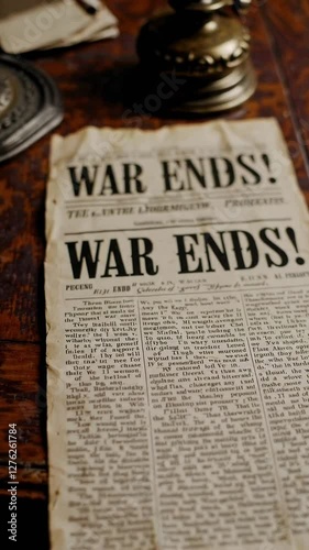 Historic newspaper declares end of war on vintage wooden desk