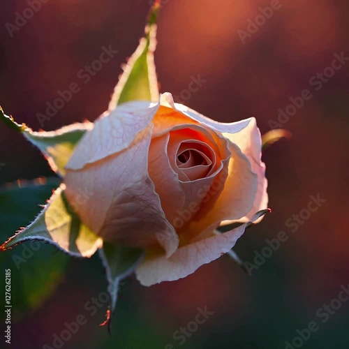 close up of a rosebud slowly unfolding, warm peachy petals illuminated by golden sunset hues with a dreamy of blurred, fiery autumn leaves.

