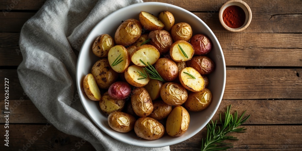 Roasted Potatoes Garnished With Herbs In A White Bowl On Rustic Wooden Table Delicious Comfort Food With Copy Space For Text Roasted Potatoes Garnished With Herbs In A White Bowl On Rustic Wooden Table Delicious Comfort Food With Copy Space For Text