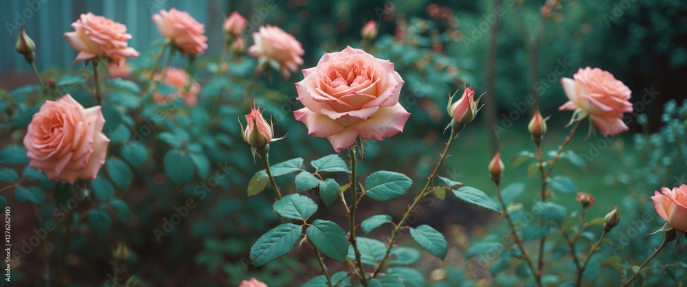 Peach Roses Blooming in Garden with Lush Greenery and Blank Space for Text Overlay Peach Roses Blooming in Garden with Lush Greenery and Blank Space for Text Overlay